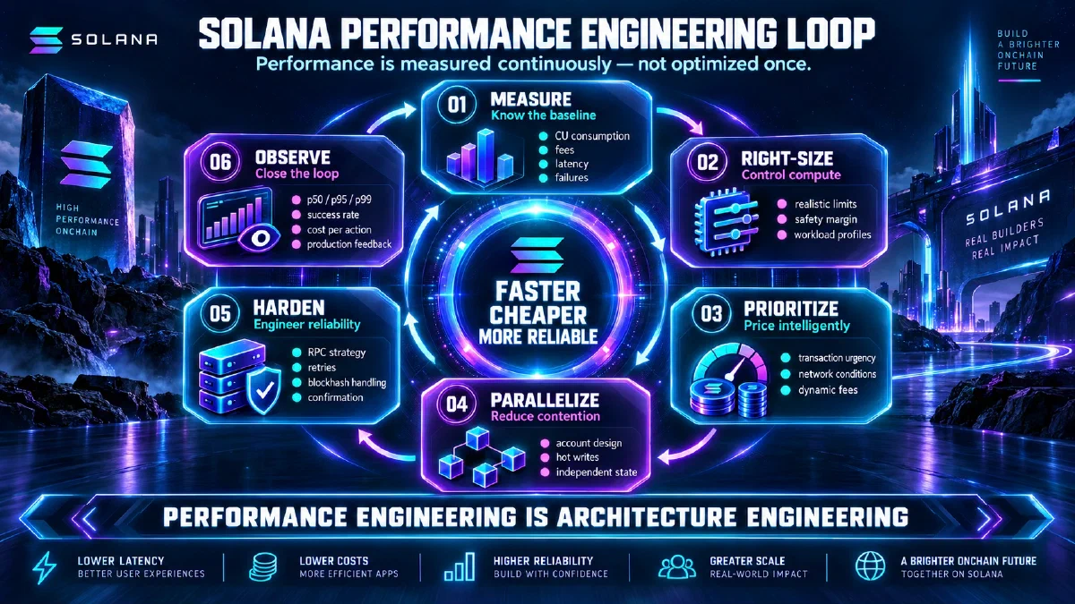 Kreisförmiger, sechsstufiger Solana-Performance-Engineering-Loop, der auf schnellere, kostengünstigere und zuverlässigere Anwendungen abzielt.