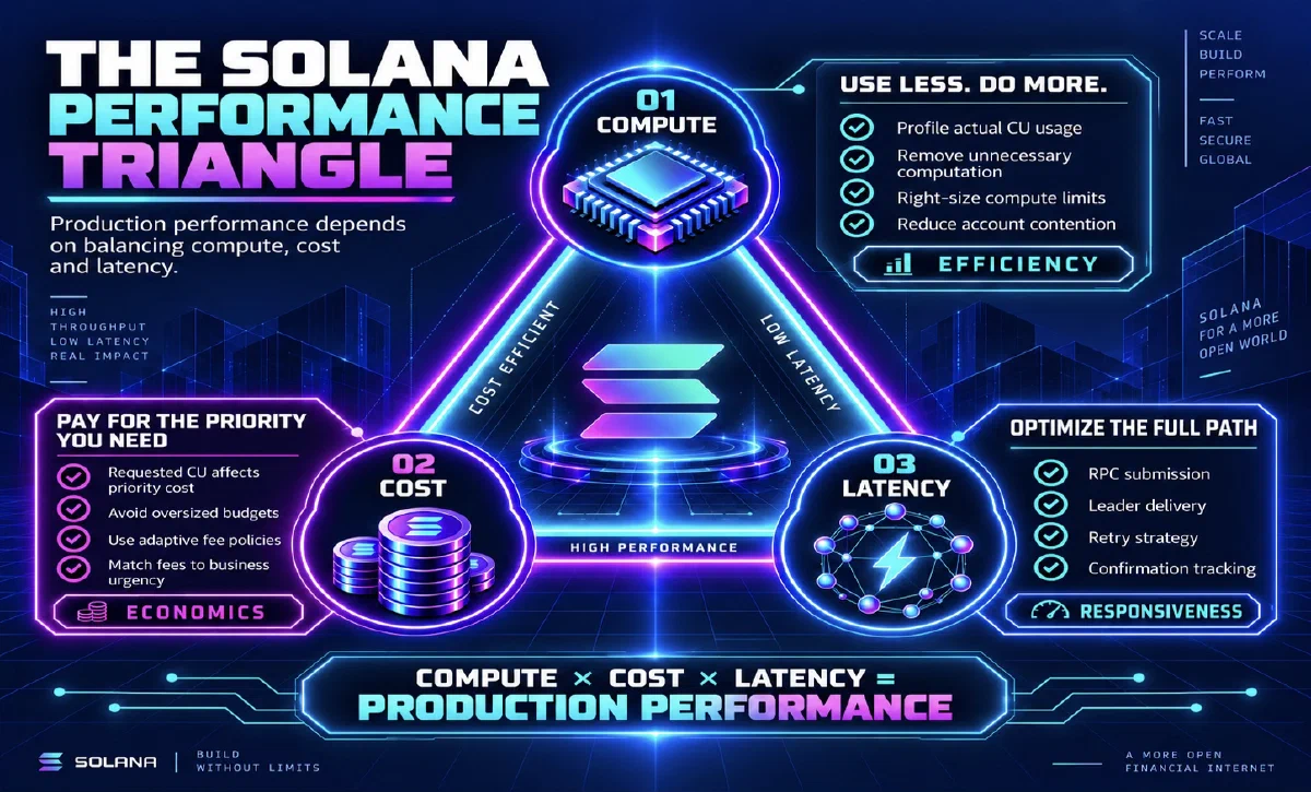 Dreiecks-Infografik, die die drei dimensionen der Solana-Performance zeigt: Compute, Kosten und Latenz.