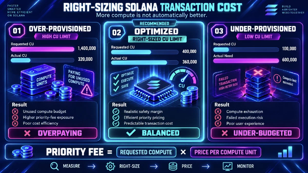Vergleichs-Infografik, die überdimensionierte, ausgewogene und unterdimensionierte Solana-Compute-Budgets und deren Auswirkungen auf die Gebühren zeigt.